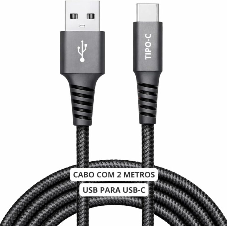 Cabo USB para USB-C 2 Metros 60W Turbo Carregamento Rápido — Nylon Trançado Reforçado Compatível iPhone 15/16 Samsung Galaxy Xiaomi MacBook Notebook Tablet — Preto
