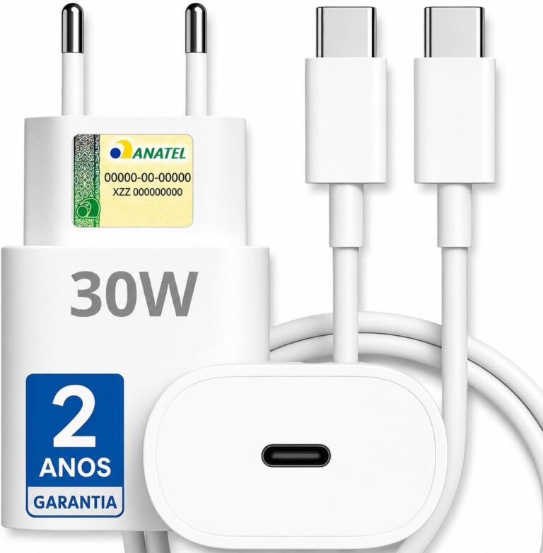 Carregador Turbo 30W Compatível iPhone 15/16/17-16 PRO, 16 PRO MAX iPhone 15 PLUS 15 PRO 15 PRO MAX, GALAXY – Todos ANDROID Entrada TIPO-C + Cabo Reforçado USB-C – Fast Power