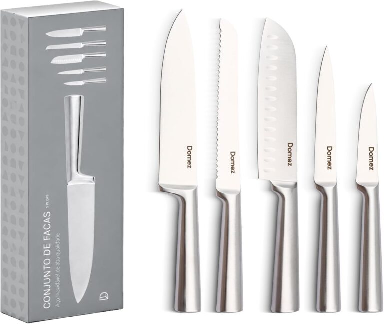 DOMEZ Jogo de Facas Cozinha 5 peças de Aço com Fio que Dura Mais, Design Ergonômico, Inclui Faca Chef, Pão, Descascar, Santoku, Churrasco Ergonômica Amolada Resistente à Ferrugem