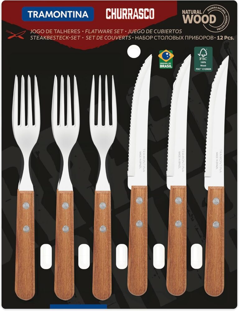 JOGO DE TALHERES PARA CHURRASCO DYNAMIC SORTIDOS COM LAMINAS DE ACO INOX E CABOS DE MADEIRA – 12 PEÇAS