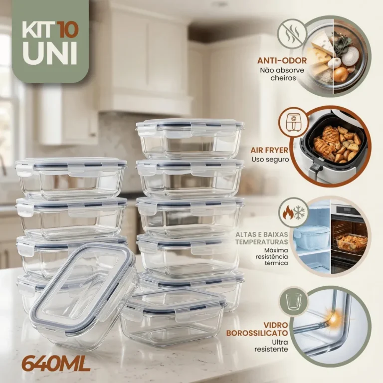 Kit 10 Pote De Vidro Marmita Hermético 640ml Freezer Fitness Rishon Azul-escuro