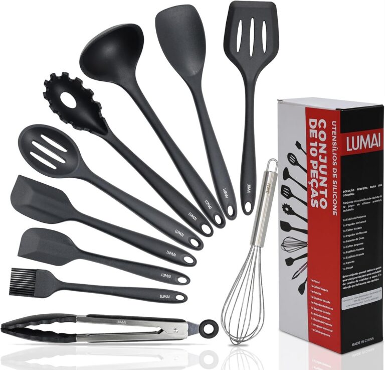 Kit 10 Utensílios de Cozinha LUMAI em Silicone e Aço Inox, Resistentes ao Calor, Antirriscos, com Espátula, Pegador, Concha e Colher, Preto