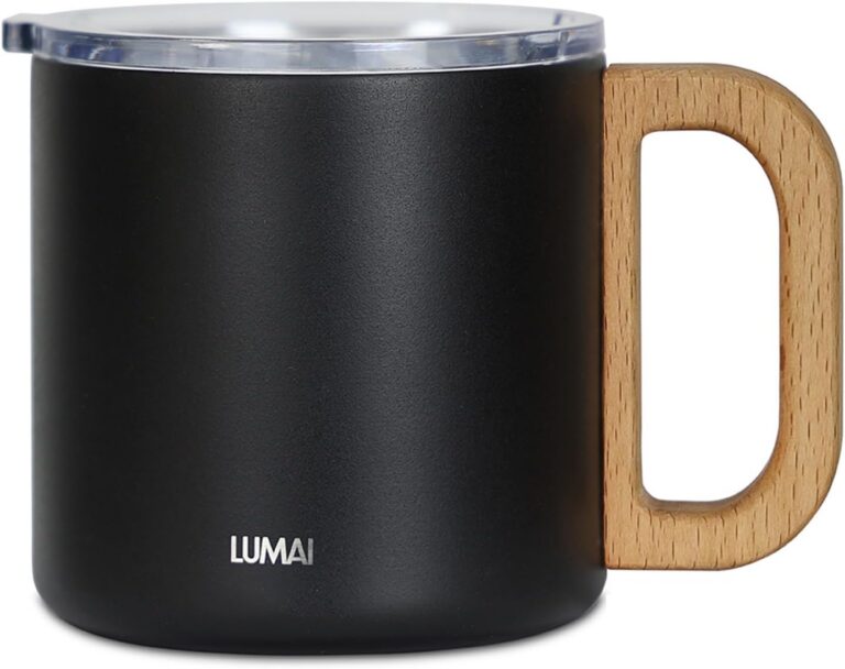 LUMAI Caneca Térmica 350ml, Inox 304 com Tampa e Alça de Madeira – Preta