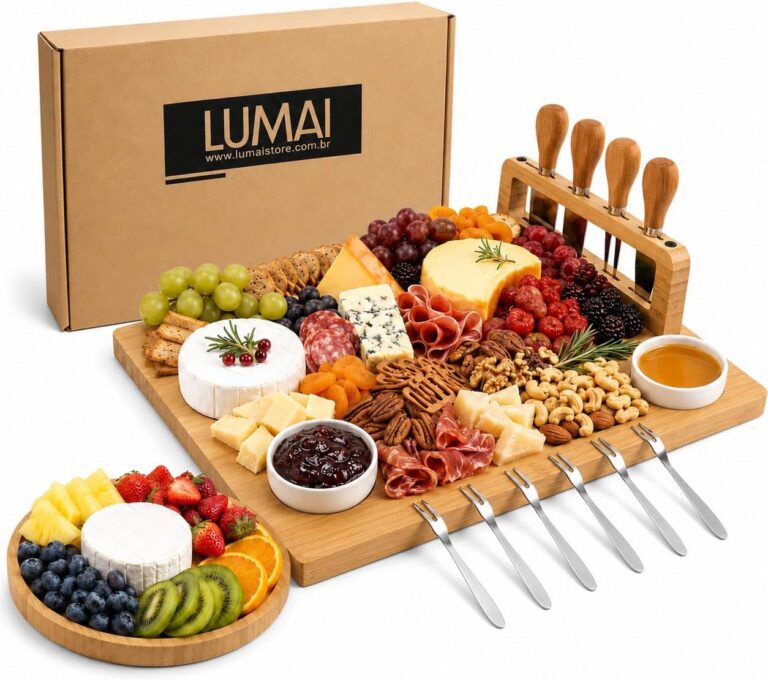 LUMAI Kit Tábua de Frios Bambu Premium e Petisqueira com Polimento Duplo | Suporte Magnético – Tábua para Servir 40cm x 29,5cm – Qualidade para Receber em Casa Familia e Amigos