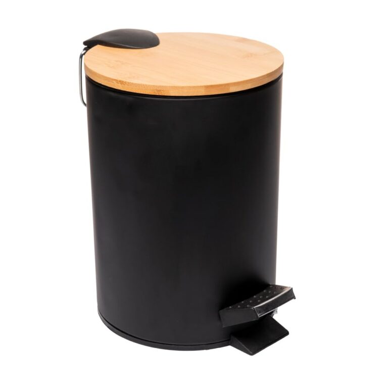LYOR – Lixeira Redonda De Metal Com Pedal e Tampa Em Bambu Preta 3L