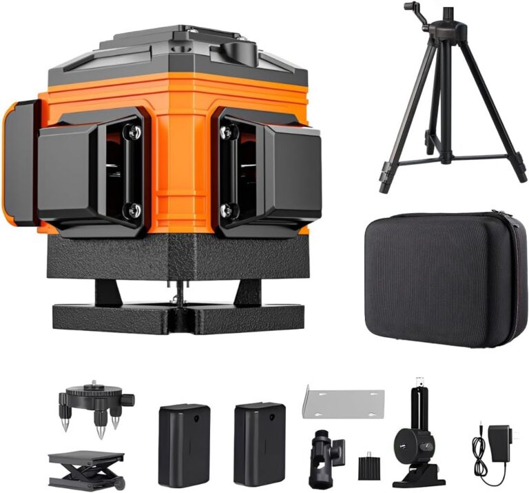 Nível a Laser 12 Linhas Verde Autonivelante 360°, Kit Completo com Tripé e Baterias para Construção e Reformas (Laranja)