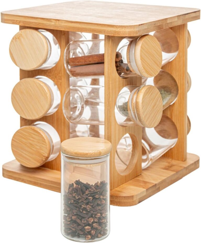 WOLFF – Conjunto 12 Potes em Borossilicato com Tampa Hermética e Rack Giratório em Bambu 120ml – Porta temperos com suporte