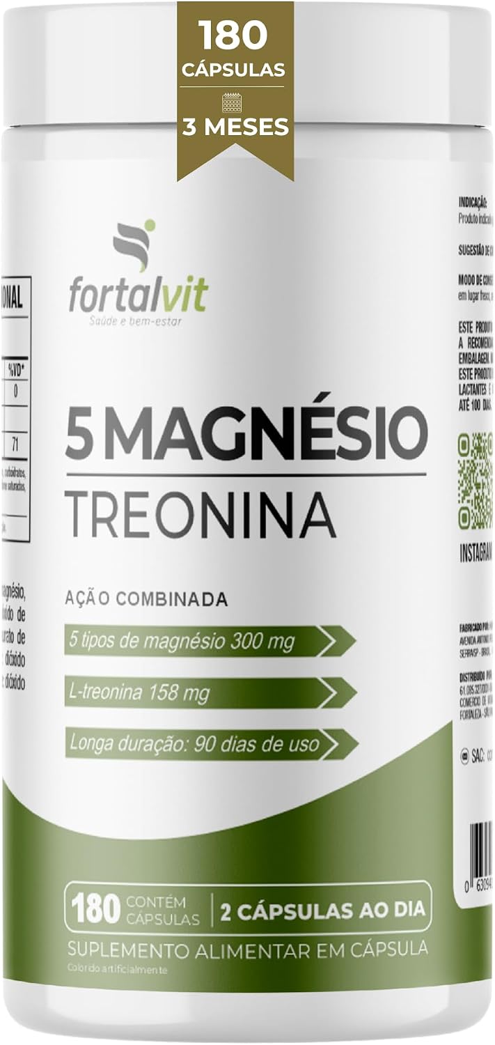 5 Magnésio Treonato (l-treonina) 180 Cápsulas, 3 Meses de Uso, Longa Duração, Alto Teor Treonato + 5 tipos de Magnésio, Fortalvit