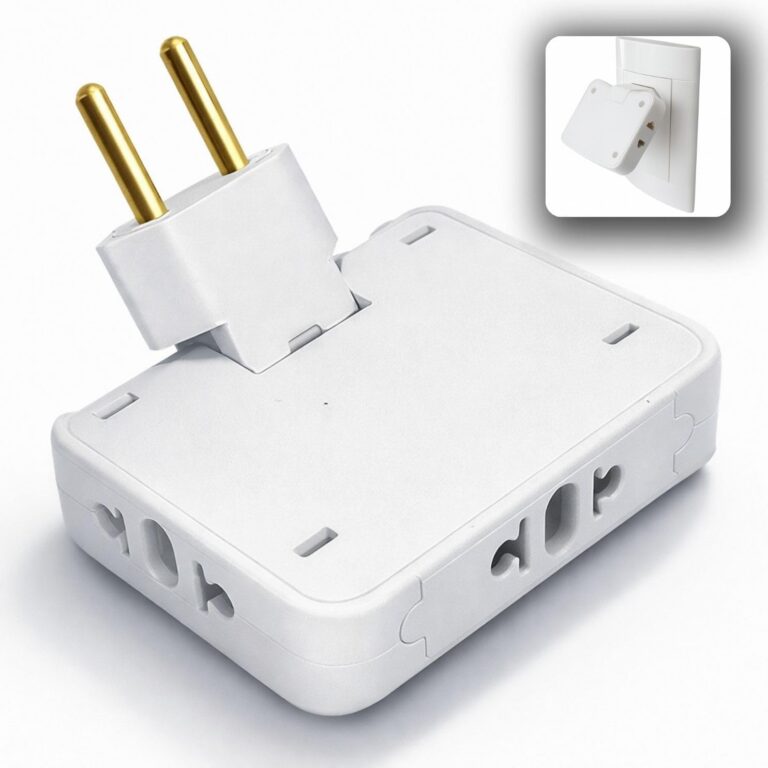 Adaptador de Tomada T Articulado – 10A e 20A – Até 250V – Bivolt 110V/220V – T – Plugue Benjamin Premium – Articulado e Seguro -Adaptador Flexível para Esconder Atrás do Móvel