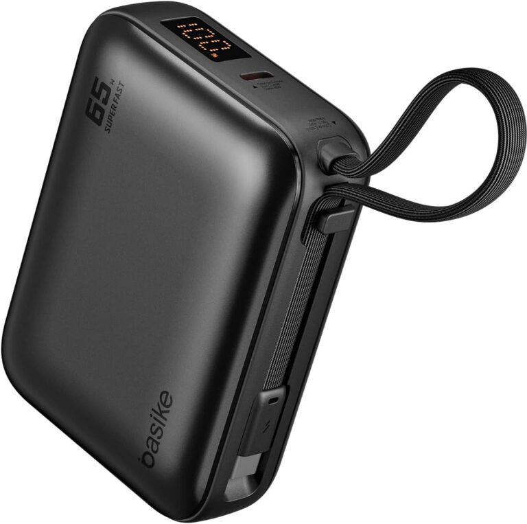 Basike Power Bank 65W, Carregador Portátil Universal 20000mAh (Cinza) | USB-C + Cabo Type-C Integrado e Removível, Carregamento Rápido PD/PPS para Samsung Séries S26-S21 e iPhone Séries 17-14