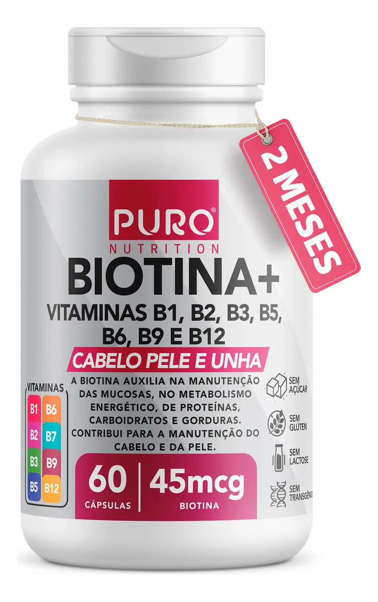 Biotina + Puro Nutrition Pele, Cabelo e Unhas, 45 mcg de Biotina por dose, Vitaminas B1, B2, B3, B5, B6, B9 e B12, 60 Cápsulas