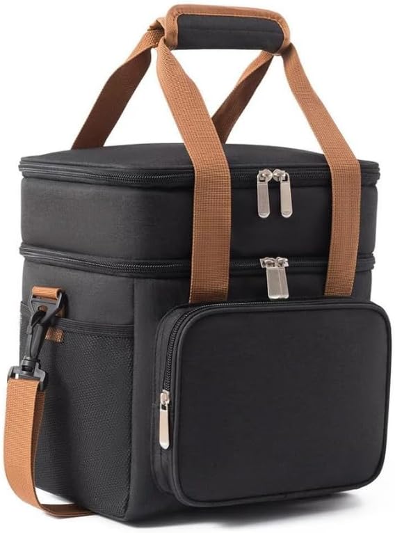Bolsa Térmica Grande Espaçosa Dois Compartimentos Lancheira Para Marmita, Passeio, Escola, Faculdade, Trabalho Lancheira Térmica Com Alça, PREMIUM (Preto com Marrom)