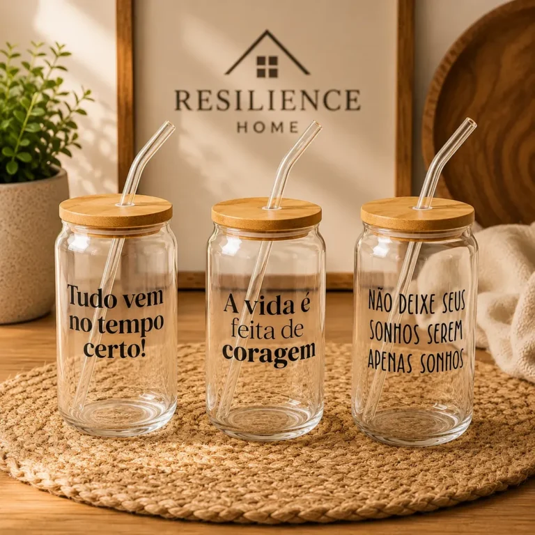 Copo De Vidro Com Canudo Tampa De Bambu Frases Motivacionais Transparente 470ml