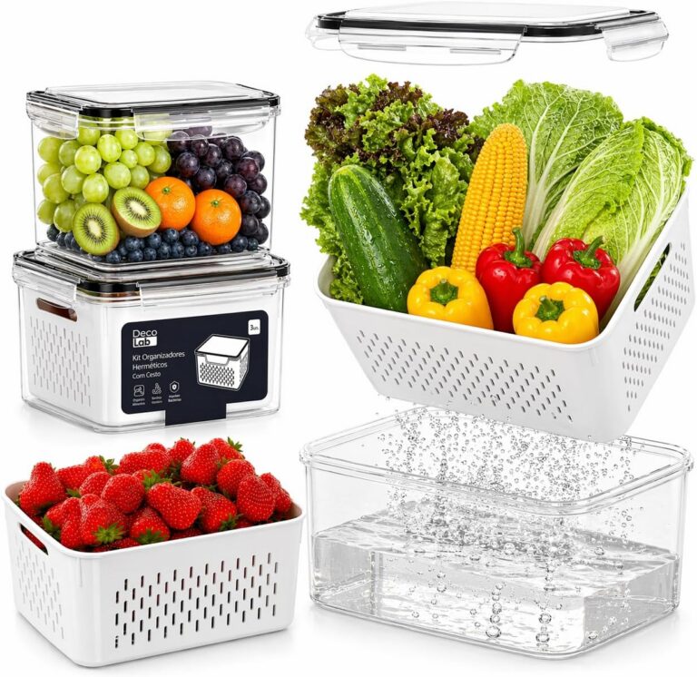 Decolab Kit 3 Potes Herméticos MaxFresh® com Cesto Interno Removível, Organizador para Cozinha e Geladeira, Multiuso, Porta Mantimentos Gerais, Plástico BPA Free