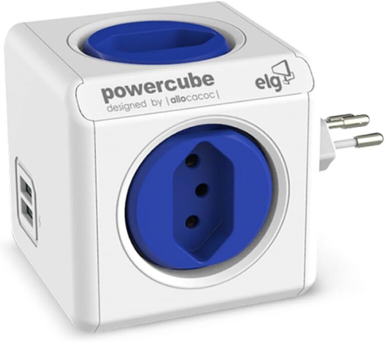 ELG, PWC-R4U, PowerCube USB, Filtro de Linha, Multiplicador 4 Tomadas Bivolt com 2 Portas USB 2.4A, Disjuntor Integrado de 10A, Branco e Azul