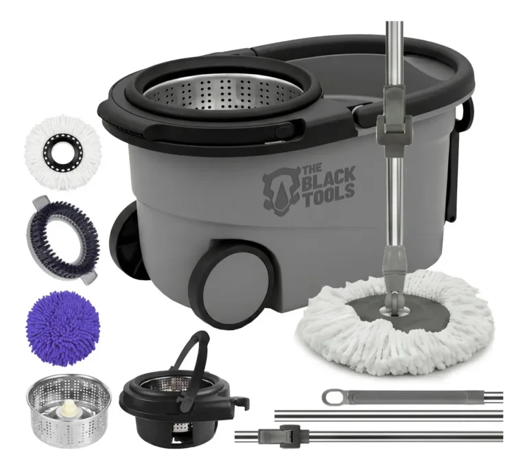 Esfregão Mop 360° Balde Inox Com Rodas Microfibra 16 Litros Cabo Longo Alça Cinza TBBL04 The Black Tools