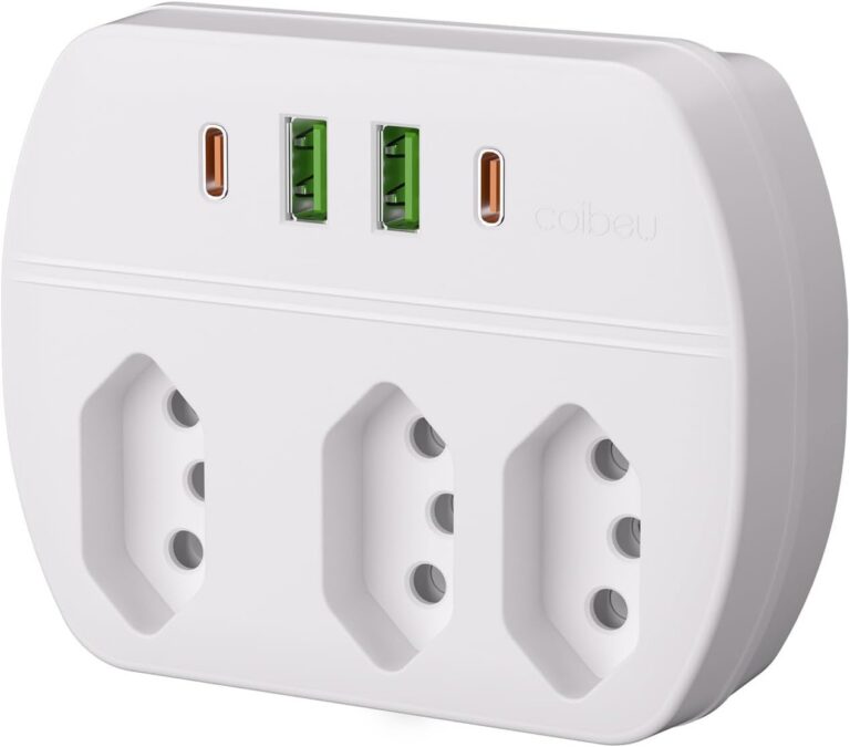 Extensao Eletrica, Extensão Tomada, Régua de Energia, Adaptador Tomada, 3 Tomadas, 2 Interfaces USB, 2 Porta USB Tipo-C, Suporte a Tensão de 100-240V, 10A, 2500W, Branco