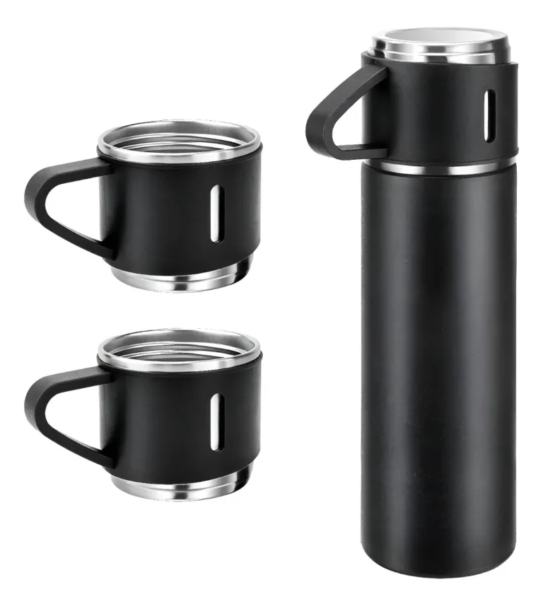Garrafa Térmica 500ml Com 3 Xícaras Aço Inox Viagem Preto