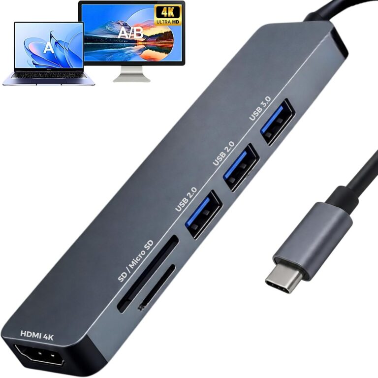 Hub USB-C 3.0 Extensor Adaptador 6 em 1 – HDMI 4K, USB 3.0, USB 2.0, Leitor de Cartão SD/TF – Compatível com Notebook, Macbook, Ipad, Dock Station, Dex, Raspberry – Compacto em Alumínio