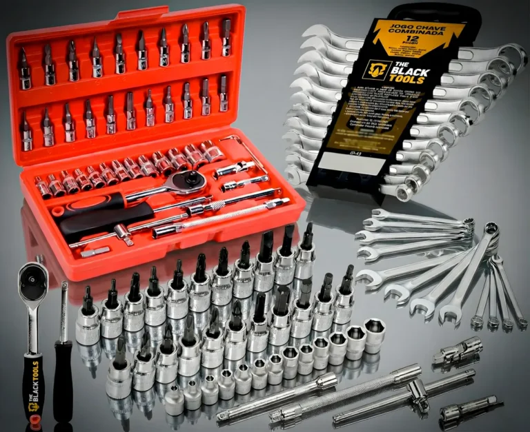 Kit Soquetes Com Catraca 46 Peças + Jogo 12 Chaves + Maleta Vermelho/preto/cromado