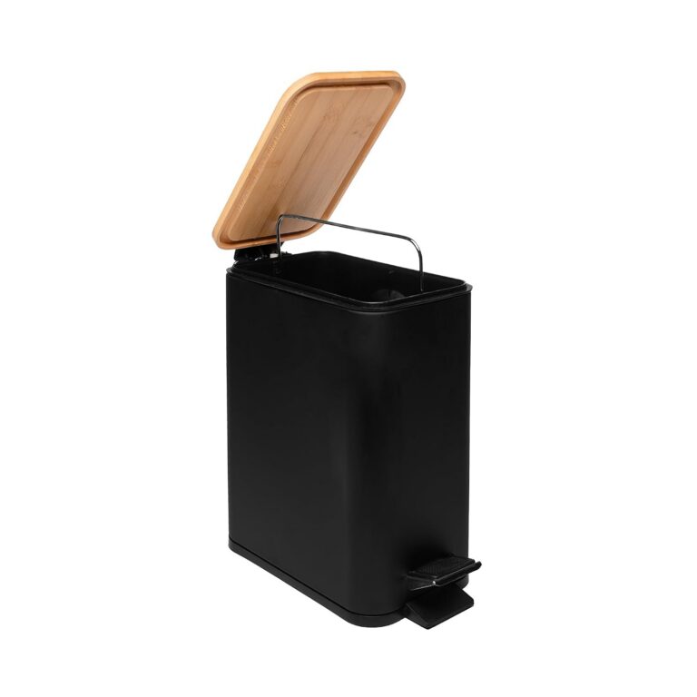LYOR – Lixeira Quadrada De Metal Com Pedal e Tampa Em Bambu Preta 5L