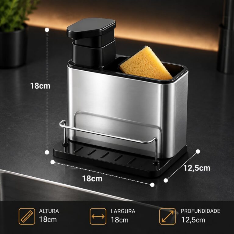 Suporte Porta Detergente Para Cozinha 3 em 1 com Dispenser 300ml em Aço Inox, Organizador de Pia com Porta Esponja, Bandeja Coletora e Secagem Rápida