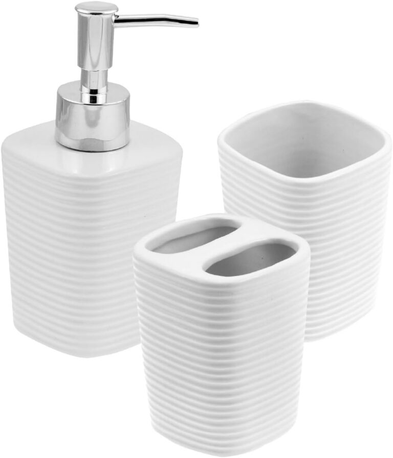 WOLFF – Conjunto 3 Peças para Banheiro Lines Branco – 1 Porta Sabonete Líquido, 1 Porta Algodão e 1 Porta Escovas