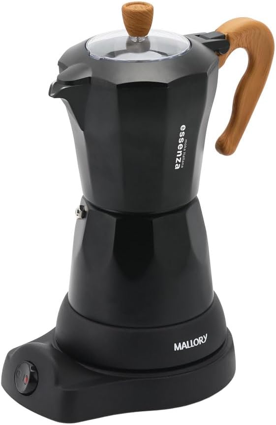 Cafeteira Italiana Elétrica Mallory Essenza – 480W, Até 6 Xícaras (280mL), Preparo em 6 Minutos, Corpo em Alumínio, Tampa de Vidro e Base Elétrica – 220V