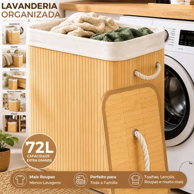 Cesto Organizador De Roupa Bambu Dobrável Retangular Com Tampa Forro e Alças 72 Litros Grande Capacidade Reforçado Caixa Organizadora para Brinquedos – Marca Camperluz