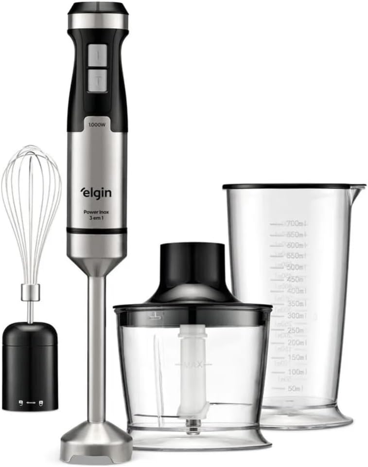 Elgin Mixer Power Inox 3 em 1, 1000W, Aço Inox, com Processador e Batedor de Claras, Velocidade Variável e Função Turbo