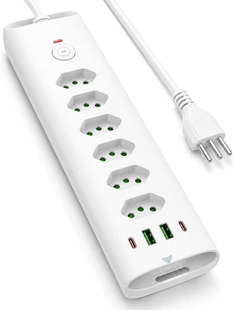 Extensão de Tomada Filtro de Linha 6 Tomadas Com Proteção Sobrecarga, 2 Portas USB e USB-C, Cabo de Alimentação de 2 Metros, 110-220V, Potência de 2500W (Branco)