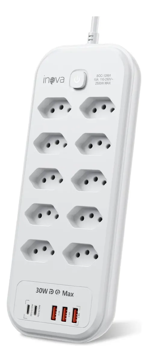 Filtro De Linha Régua Extensão 10 Tomadas Com 3 Usb E 2 Pd Branco 127/220v