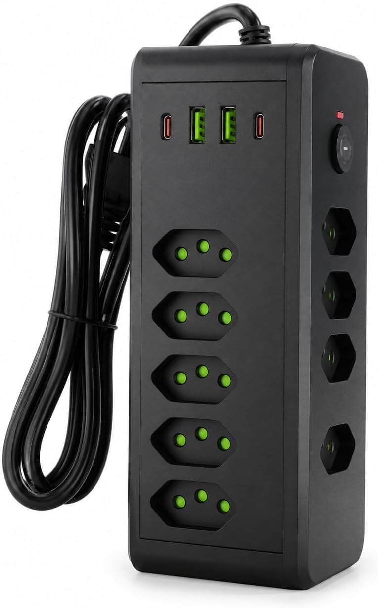 Filtro de Linha Torre de Tomadas, 8 Tomadas + 2 USB-A + 2 USB-C, Formato Vertical Compacto, 2500W 10A, Cabo 2m, para Home Office e Setup