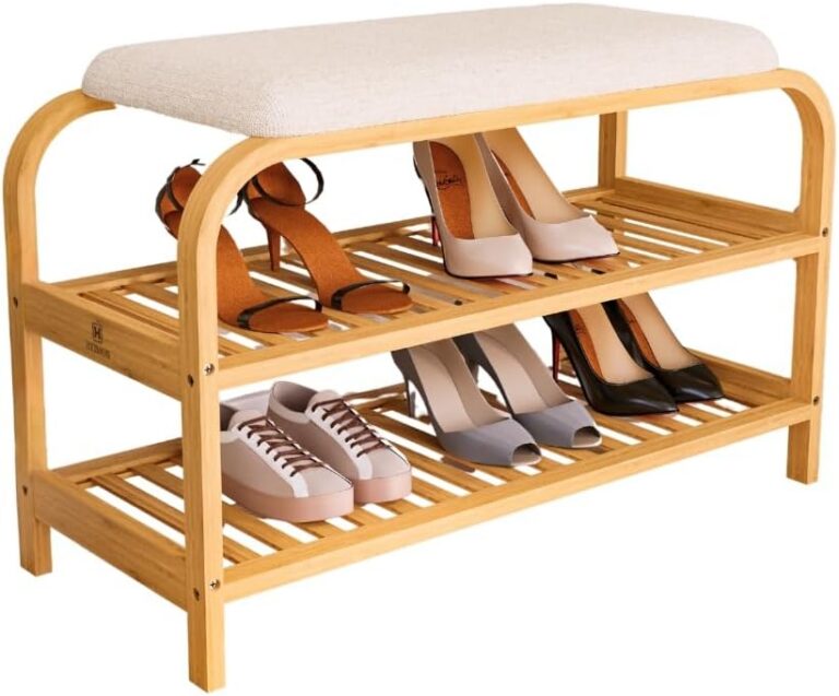 HEIMON Sapateira em Bambu com Banco Estofado 70cm com 2 Andares até 8 Pares, Organização da Entrada da casa, Corredor, Quarto ou Sala