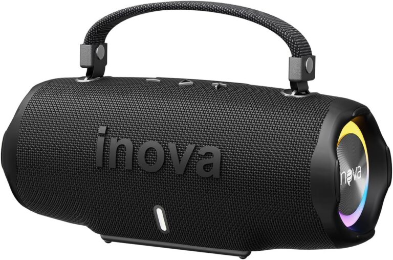 INAVA Caixa de Som Bluetooth 5.4 com Música 12 Horas por Dia – Som Estéreo Explosivo, Luzes RGB Coloridas, Impermeável IPX6 – Sua Companheira Perfeita para Praia, Acampamento e Festas (Preto)