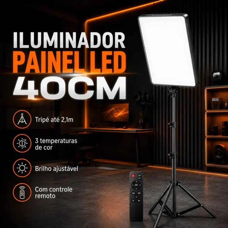 Iluminador De Estúdio Para Fotos Vídeos Profissional 40cm Tripé 2.1 Metros Com Controle Remoto 3 Temperaturas 127/220v Preto Branco