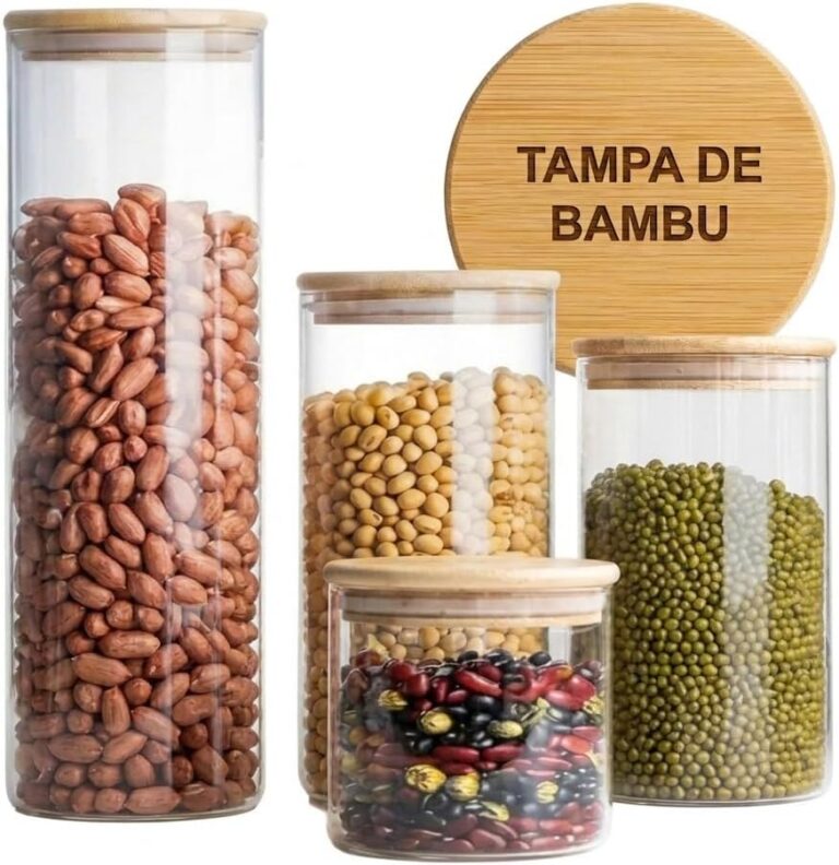 Kit 4 Potes Herméticos de Vidro Redondos com Tampa de Bambu