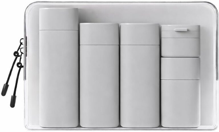 Kit 5 Frascos de Viagem com Necessaire Transparente – Recipientes Reutilizáveis à Prova de Vazamentos para Shampoo Condicionador e Cosméticos (Cinza)
