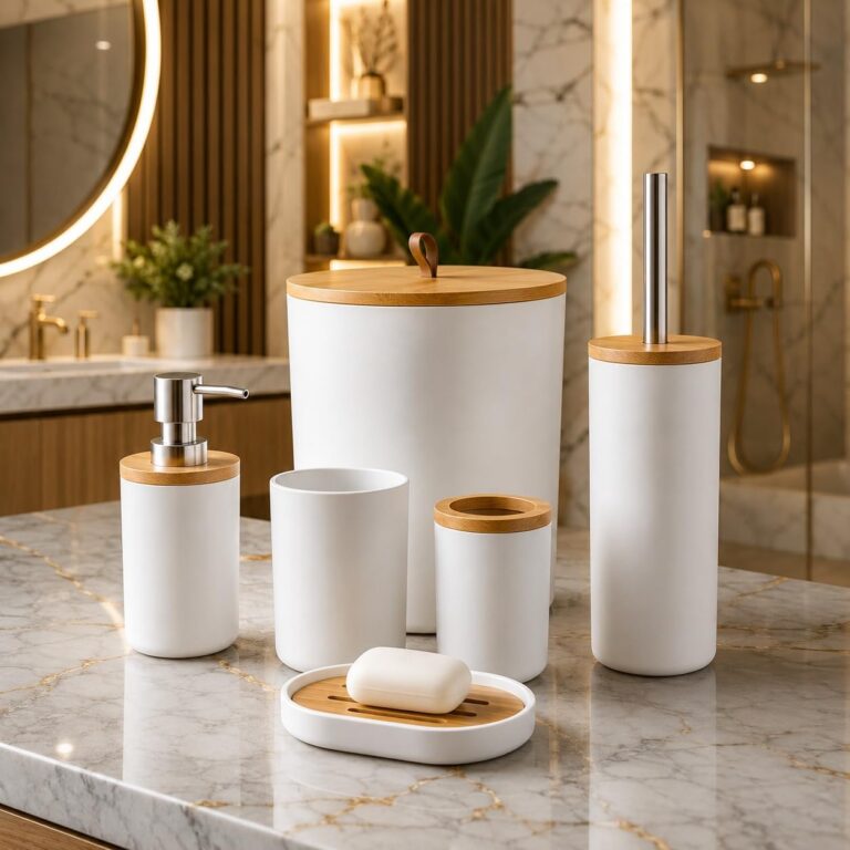Kit Acessórios Banheiro 6 Peças Lixeira Escova Sanitária Dispenser Sabão Líquido Porta Escova Dente Saboneteira
