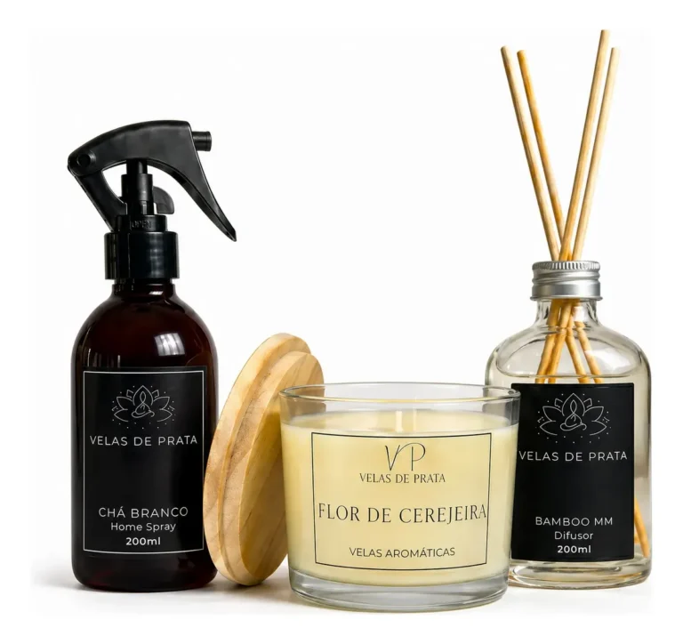 Kit Aromatizador Vela Aromática 100g + Difusor + Home Spray Kit Cha Branco