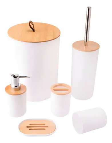 Kit Banheiro Moderno Bambu Com 6 Peças Lixeira Tampa Fechada Cor Branco