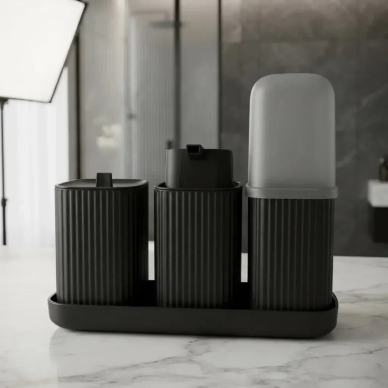 Kit Para Banheiro 3 Peças Dispenser Porta Algodão Escova Cor Preto