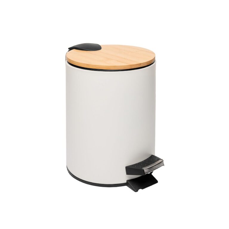LYOR – Lixeira Redonda De Metal Com Pedal e Tampa Em Bambu Branca 3L
