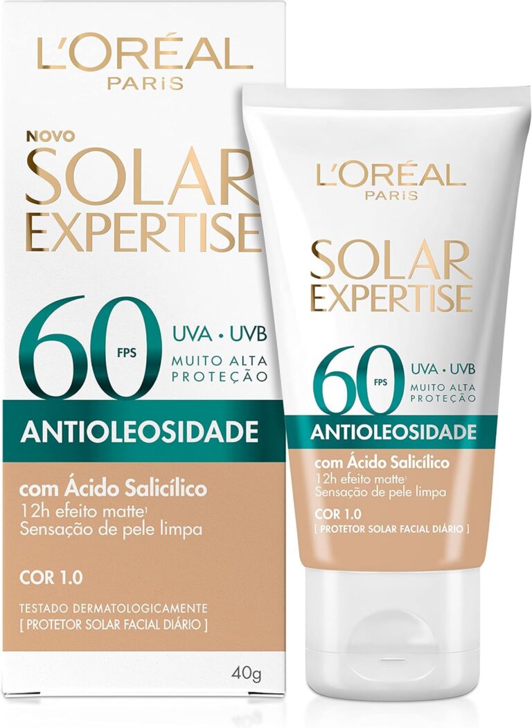 L’Oréal Paris Solar Expertise Antioleosidade, Protetor Solar Facial com FPS 60, 12h de Efeito Matte com Ácido Salicílico, Cor 1.0, 40g
