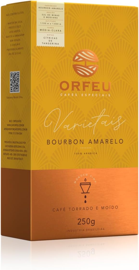 Orfeu Café Bourbon Amarelo Torrado e Moído, 100% Arabica, Torra Média Clara, 250g