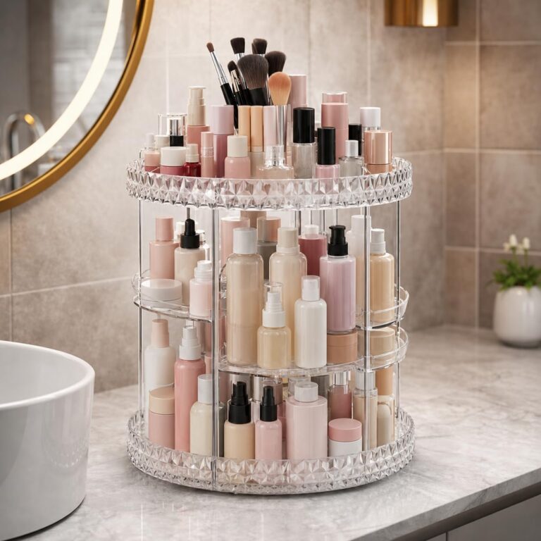 Organizador Acrílico Giratório 360° para Maquiagem, Perfumes e Joias, Porta Cosméticos com Bandejas Ajustáveis, Grande Capacidade, Design Elegante e Resistente – Qualidade Premium LNMAX®