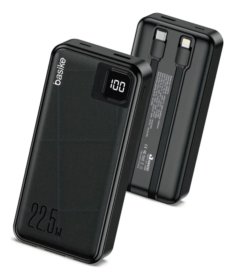 Power Bank Basike 20000mAh Preto, Carga Rápida 22.5W para iPhone e Samsung, Com Cabos Embutidos e Display