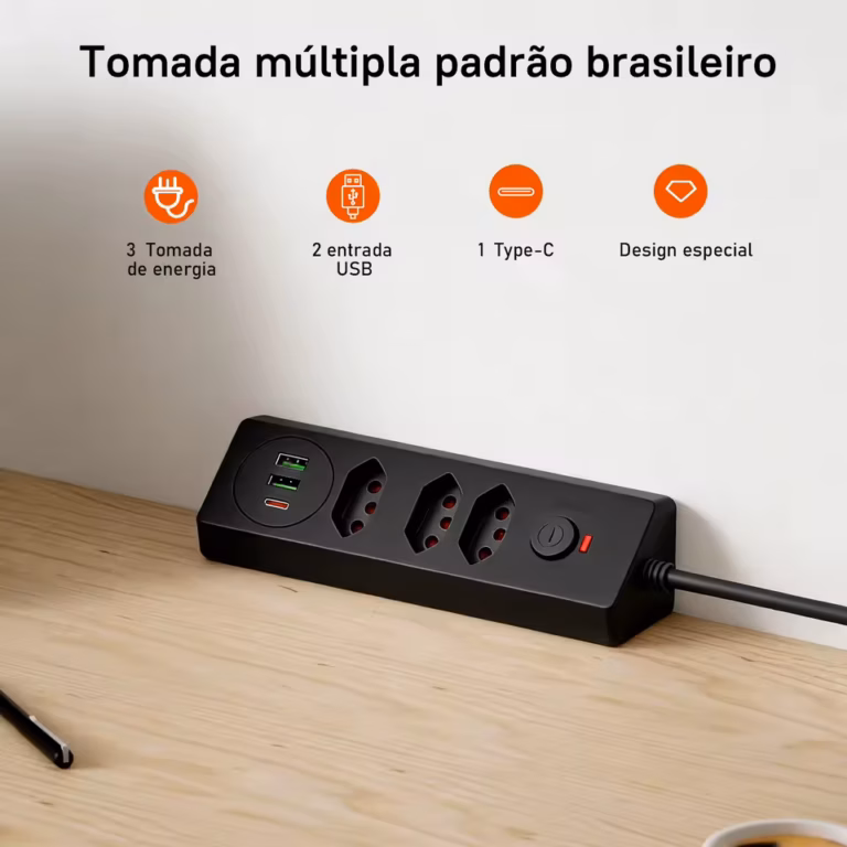 Tomada Múltipla Padrão Brasileiro 3 Tomadas + 2USB + Type-C， Extensão Elétrica， Filtro de Linha， Extensão Tomada， Coibeu
