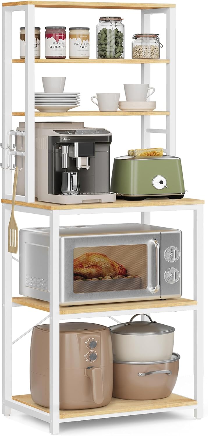 VASAGLE Estante de Armazenamento de Cozinha, Bar de Café, Prateleira de Padaria, 6 Prateleiras e 6 Ganchos, para Micro-ondas, Estrutura de Aço, Carvalho Dourado e Branco Nuvem KKS024W09
