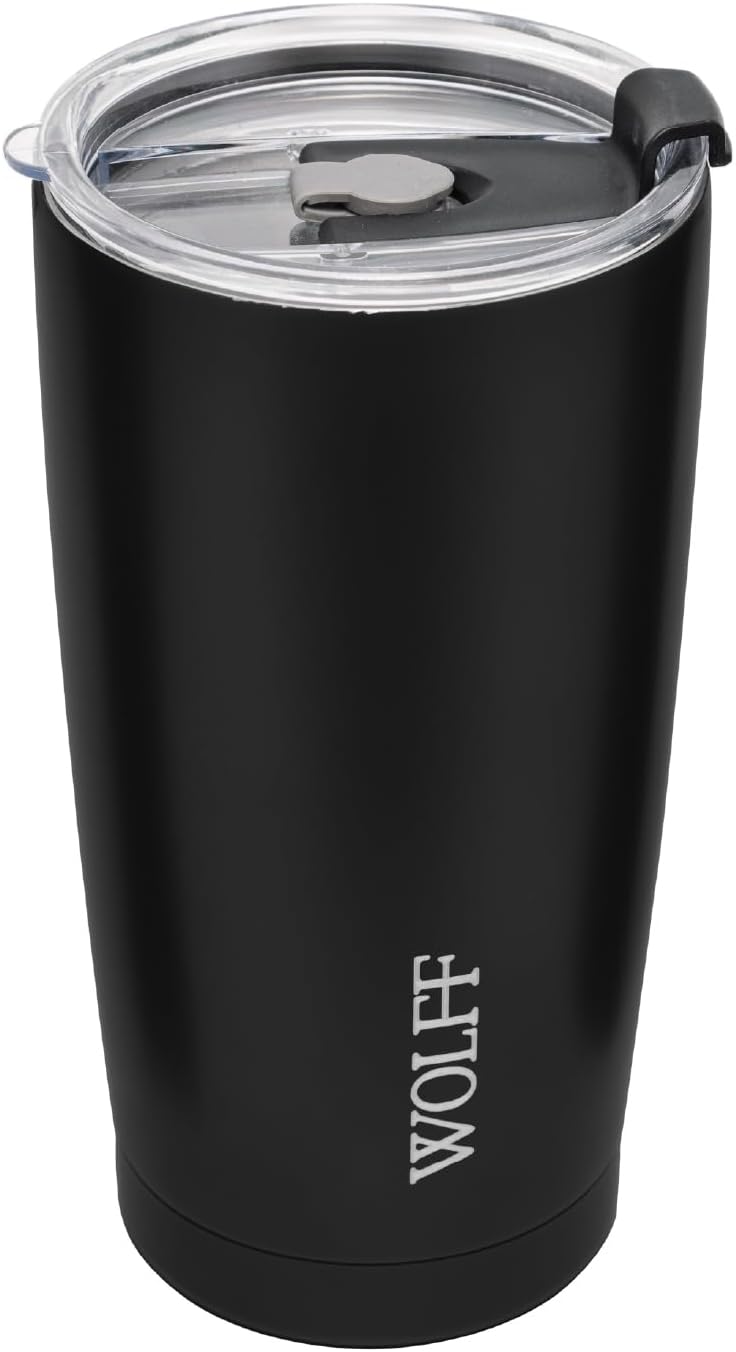 WOLFF – Copo Térmico de Aço Inox Parede Dupla Com Tampa 600ml Preto – Para Viagem – Mantém a Bebida na Temperatura Ideal